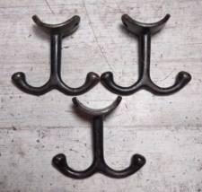 Lot of 3 Vintage Cast Iron Double Hook Wall Coat Hat Hangers Black Paint Rusty - £15.30 GBP