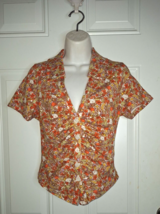 Anthropologie Maeve Short Sleeve Citrus Fruit Print Ruched Button-Down Front Top - $28.49