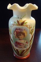 Victorian Portrait Bristol Glass Jadite Vase Ruffled Rim Handpainted [*5] - £98.56 GBP