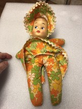 Vintage rubber face baby doll 1940&#39;s-50s orange flower power cloth retro apron  - £29.75 GBP