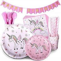 Girls Unicorn Birthday Party Kit Tableware Plates Cups Napkins Straws Ba... - £14.70 GBP