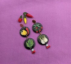 Painted Greek Vegetable Herbs earrings. Statment  Colorful Art Veggies earrings - £31.22 GBP