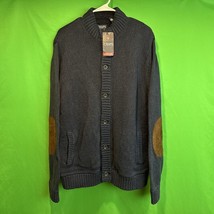 CHAPS Cardigan Sweater Mens XL Navy Sherpa Lined Button Front Pockets Patches - £49.78 GBP