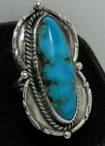 Native American Sterling Silver Turquoise Cabochon Ring Sz 6 Band 1 5/8&quot; L  - £55.30 GBP