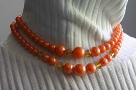 Elegant 2 Strand Peach Faux Pearl &amp; Iridescent Cut Glass Necklace 1960s ... - £11.76 GBP