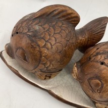 VTG Treasure Craft USA Kissing Fish Salt Pepper w/ tray Ceramic Wooden Color MCM - £23.73 GBP