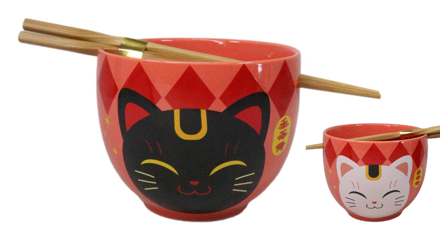 Red Maneki Neko Lucky Cats Ceramic Donburi Ramen Soup Bowl With Chopstic... - $18.99