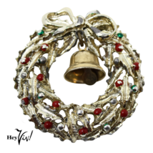 Vintage Holiday Christmas Wreath Pin w Bell Gold Metal w Enamel 1.75&quot; - ... - $16.00