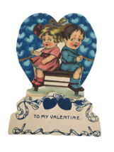 Vintage Valentines Day Card Boy Girl Back to Back Blue Heart Standing Display - £9.40 GBP
