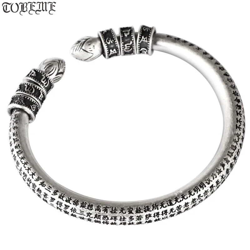 3D 999 Silver Tibetan Bangle Pure Silver the Buddhist Heart Sutra Cuff Bracelet  - £166.47 GBP