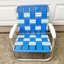 Vintage Aluminum Folding Beach Chair Webbed Low Profile Lawn Chair Blue White - £31.85 GBP