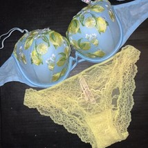 Victoria&#39;s Secret 32DDD Bra Set S Panty Blue Yellow Lace Lemon Green Embroidered - £63.49 GBP