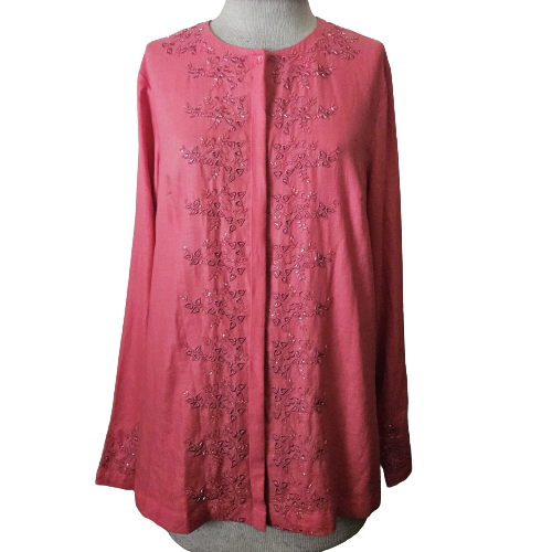 Primary image for Neiman Marcus Coral Linen Beaded Embellished Blouse Size Small