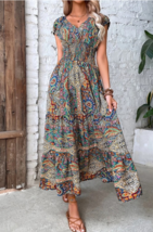 Floral Flowy XL Women&#39;s Pullover Short Sleeve Western Day Long Maxi Dress - £22.77 GBP