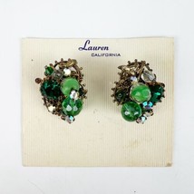 Vtg Lauren California Green Rhinestone Clipon Earrings Antique Gold Tone Flower - £29.90 GBP