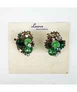 Vtg Lauren California Green Rhinestone Clipon Earrings Antique Gold Tone... - $39.99