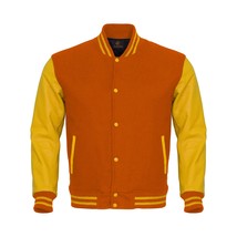 Letterman Varsity Bomber Baseball Jacket Orange Body &amp; Yellow Leather Sleeves - £90.24 GBP