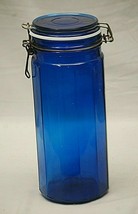 An item in the Pottery & Glass category: Cobalt Blue Ribbed Glass Food Storage Holder Wire Locking Lid Unknown Maker d