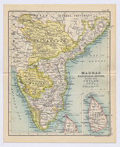 1912 Antique Map Of Madras Hyderabad Mysore British India / Verso Madras Chennai - £21.63 GBP