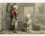 O Kiku San &amp; Ayame San House Cleaning Hand Colored UDB Postcard Japan  - $17.82