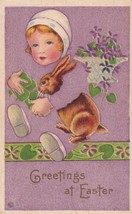 Easter Greetings Young Girl Holding Bunny Purple Flowers Postcard E07 - $6.99