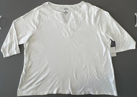 Croft Barrow Womens Plus 3XL 100 Bright White Top Lace Trim 3/4 length s... - $14.80