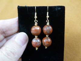 (EE-385-30) 12mm red Mookaite jasper gemstone 2 bead dangle gold tone earrings - £18.67 GBP