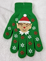 New Pixie Elf Christmas Stretchy Gloves Green w Red White Snowflakes - $8.42