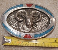 Vintage 3-D RAM Belt Buckle Inlaid Turquoise &amp; Red Coral Southwestern - £23.12 GBP