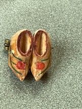Vintage Small Carved Wood Dutch Shoes w Painted Red Flower Lapel Hat Pin – 7/8th - £7.49 GBP