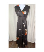 1970s Brown Orange Resort Oriental Floral Empire Waist Sleeveless Maxi Dress L - $80.00