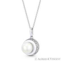 6.5mm Freshwater White Pearl CZ Crystal Crescent Moon Pendant in 14k White Gold - £70.93 GBP+