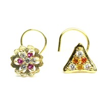 2pc Set Gold Plated Triangle Floral Women Nose Stud CZ Twisted nose ring 22g - £11.98 GBP