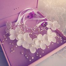 White Flower Pearl Ribbon Headband Hair Jewelry Bridal Tiaras Hair Jewelry Weddi - £12.15 GBP
