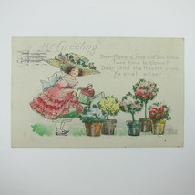 Easter Postcard Girl Pink Dress Bonnet Waters Flower Pots Embossed Antique 1915 - £8.05 GBP