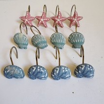 Set of 12 Shower Curtain Hooks Beach Nautilus Clam Seashells Blue Pink - £7.56 GBP