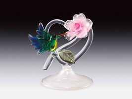 Glass Hummingbird Figurines Heart  Blue Green With Pink Rose Flower  3 5/8&quot; H - £17.19 GBP
