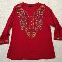 Red Embroidered Blouse Tunic 64 Sixty Five 3/4 Sleeve Size Medium - $9.94