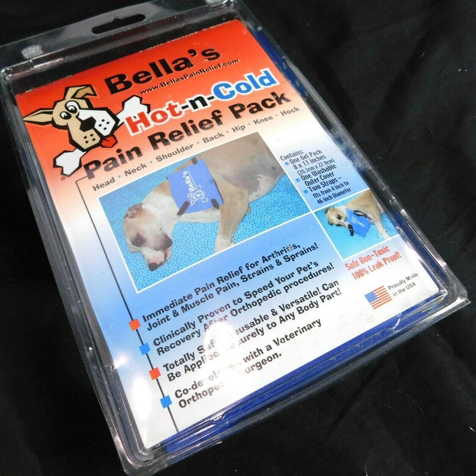 Bella's Dog Pet Hot n Cold Pain Relief Pack Gel 8" x 11" Washable Cover Straps - $49.99
