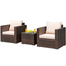 3 PCS Patio Rattan Furniture Set Conversation Wicker Sofa Set with Coffee Table - £303.61 GBP