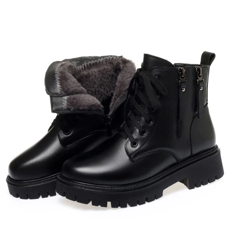Genuine Leather Shearling Snow Boots Women Thick Heel Platform Winter Wa... - $103.26