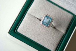 2.75Ct Emerald Cut Aquamarine Halo Engagement Ring 14K White Gold Finish - £131.18 GBP