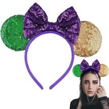 Mardi Gras Headband Purple Green Gold Sequin Mouse Ears Headband with Glitter Bo - £16.57 GBP