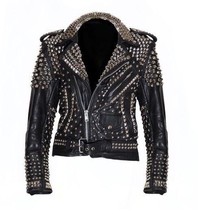 Men Studded Leather JACKET Silver Stud Brando Biker Zipper Sleeves Winter Summer - £253.58 GBP