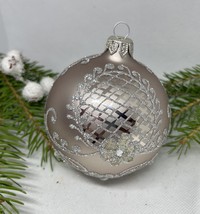 Gray with silver glitter glass ball Christmas ornament, handmade XMAS decoration - £9.99 GBP