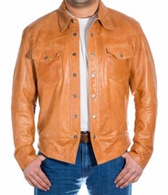 Tan Formal Stylish Handmade Shirt Casual Wear 100%Real Soft Lambskin Leather Men - £84.89 GBP