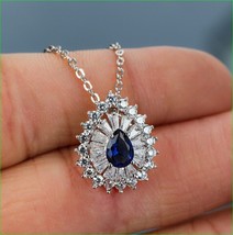 1.50Ct Simulated Blue Sapphire Teardrop Pendant 14K White Gold Plated Silver - £82.80 GBP