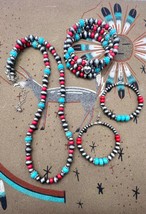 Navajo Pearl Style Faux Turquoise Coral Beaded Earrings Bracelet Necklace Set - £51.50 GBP