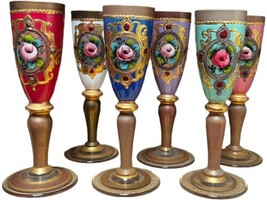 Vintage Cordial Glasses Hand Painted Roses Heavy Gilt Multi Color European Set 6 - £149.47 GBP