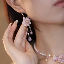 Purple Sweet Cherry Blossom Tassel Long Earrings, Sakura Floral Resin Earrings - £13.42 GBP